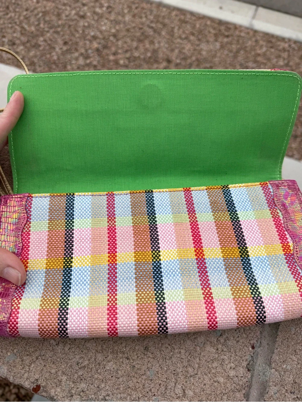 Chi Falchi Woven Plaid Purse w/ Floral Metallic Appliqué NEW